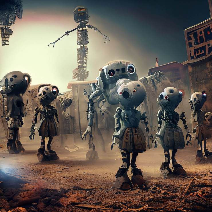 Image IA d'Adobe Firefly bêta.  Des robots effrayants dans un monde post-apocalyptique.  Pas pour un usage commercial.
