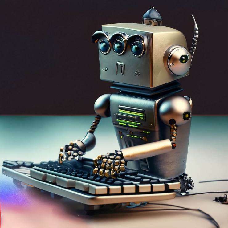 Image IA d'Adobe Firefly bêta.  Robot tapant sur le clavier.  Pas pour un usage commercial.